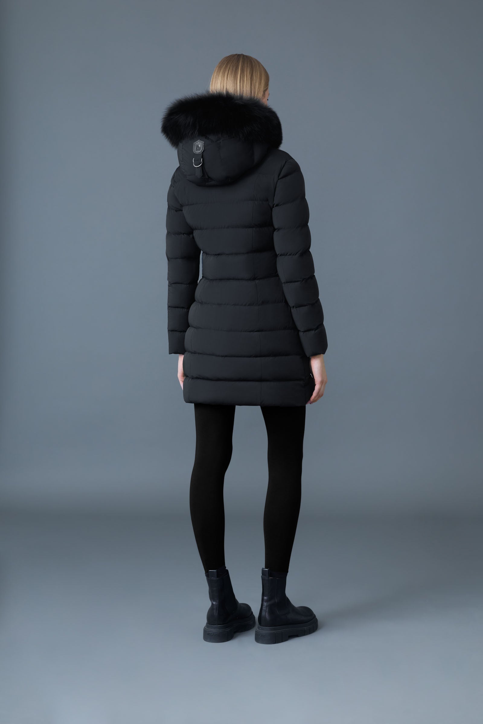 Calla, Agile-360 stretch light down coat with blue fox fur collar