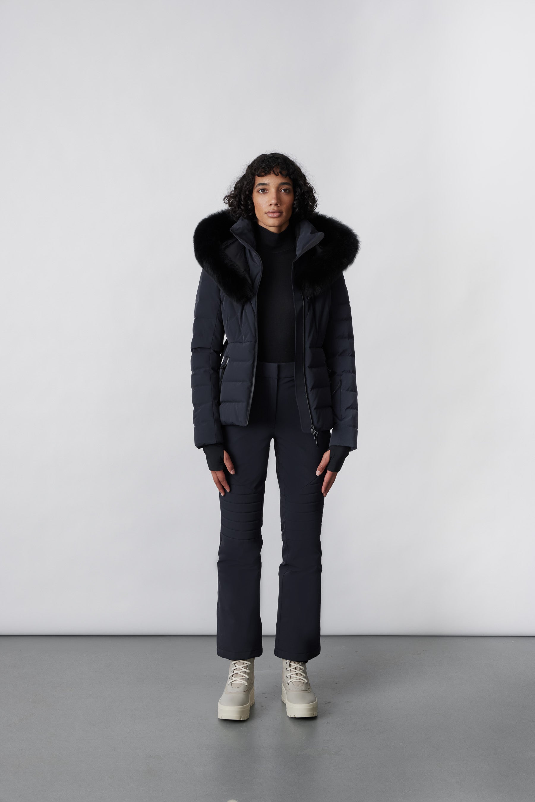 Elita, Down ski jacket with removable blue fox fur trim for