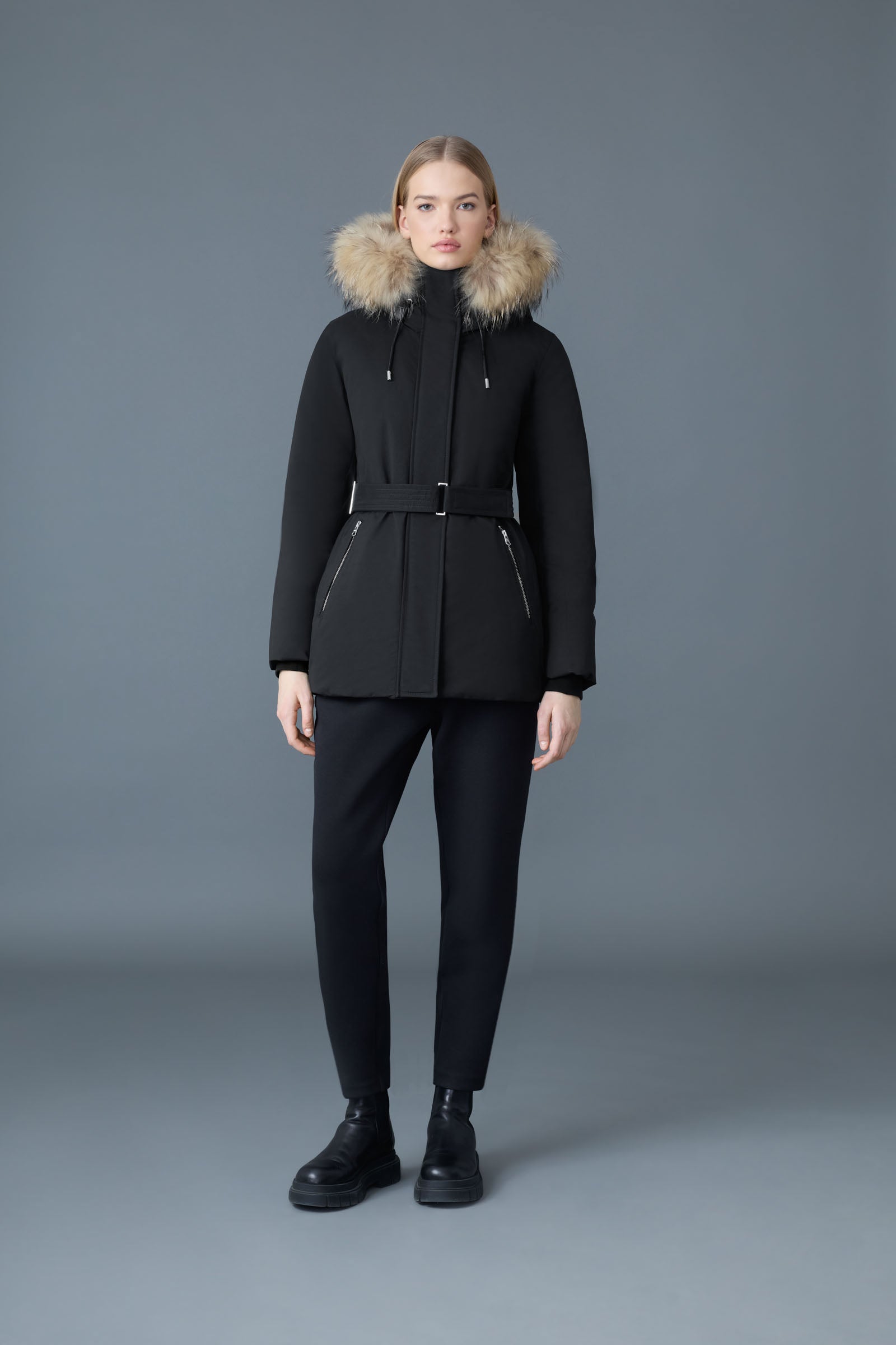 Jeni-F, 2-in-1 down parka with removable bib and natural fur for