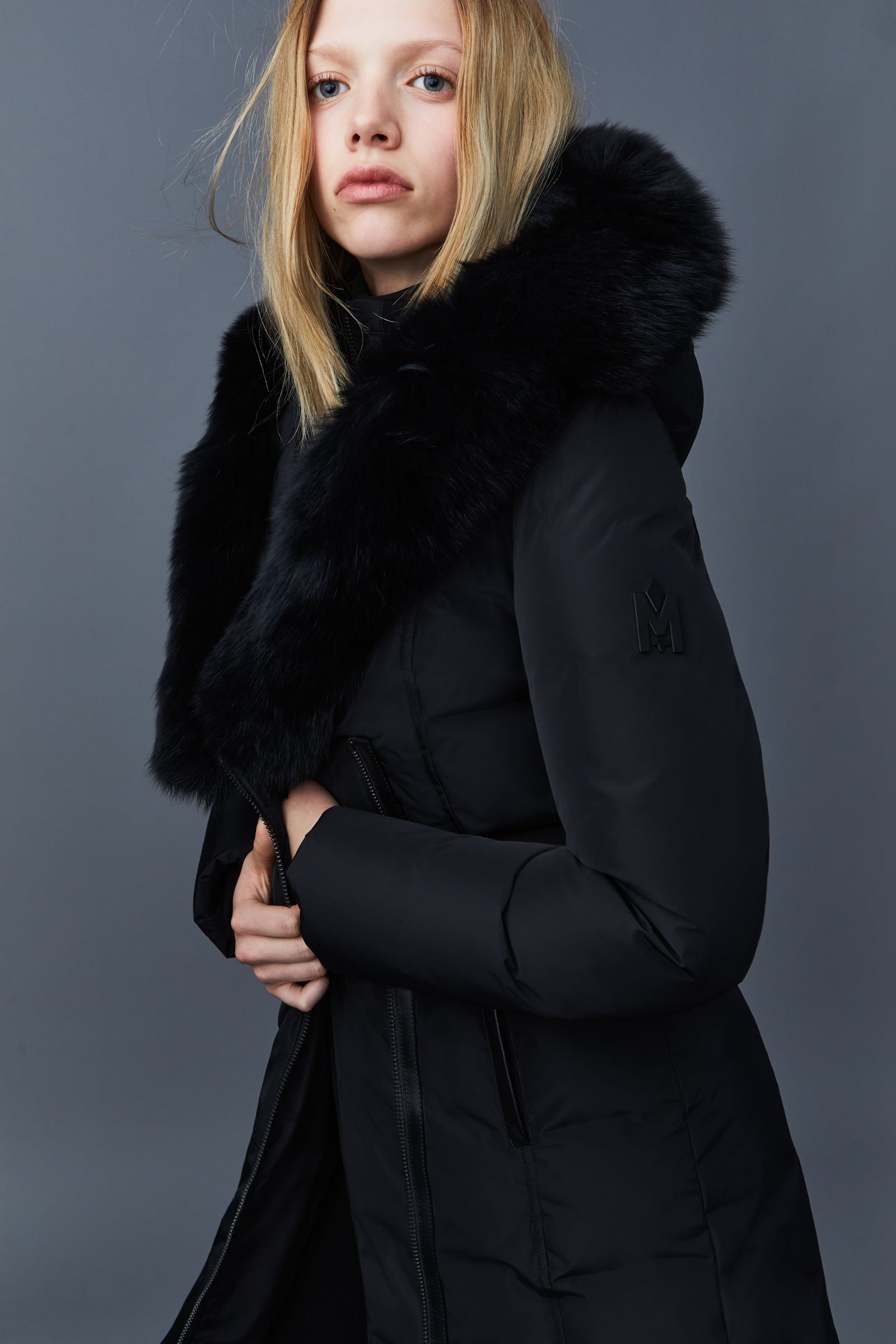 Kay, Down coat with blue fox fur Signature Mackage Collar for